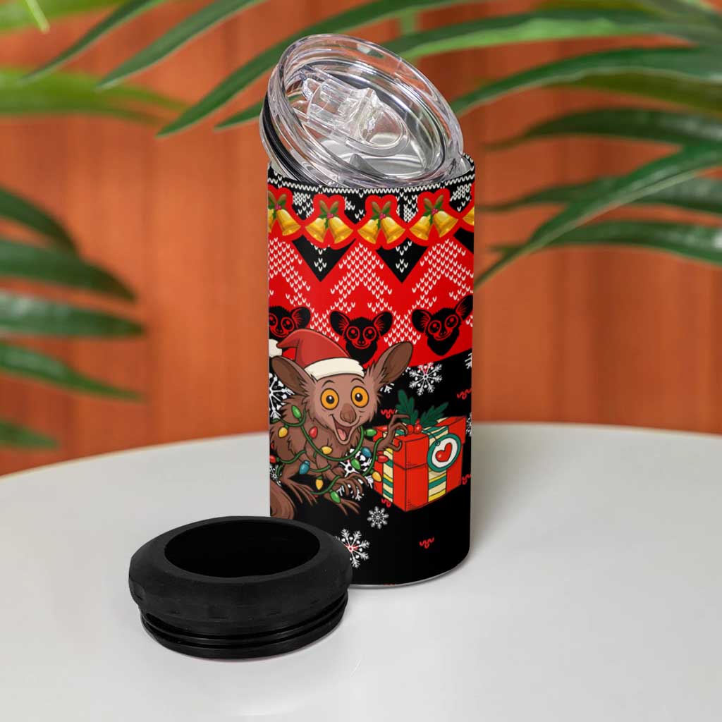 Madagascar Christmas 4 in 1 Can Cooler Tumbler with Aye Aye Lemur Santa Hat Holiday Lights and Gift Box Pattern - Wonder Print Shop