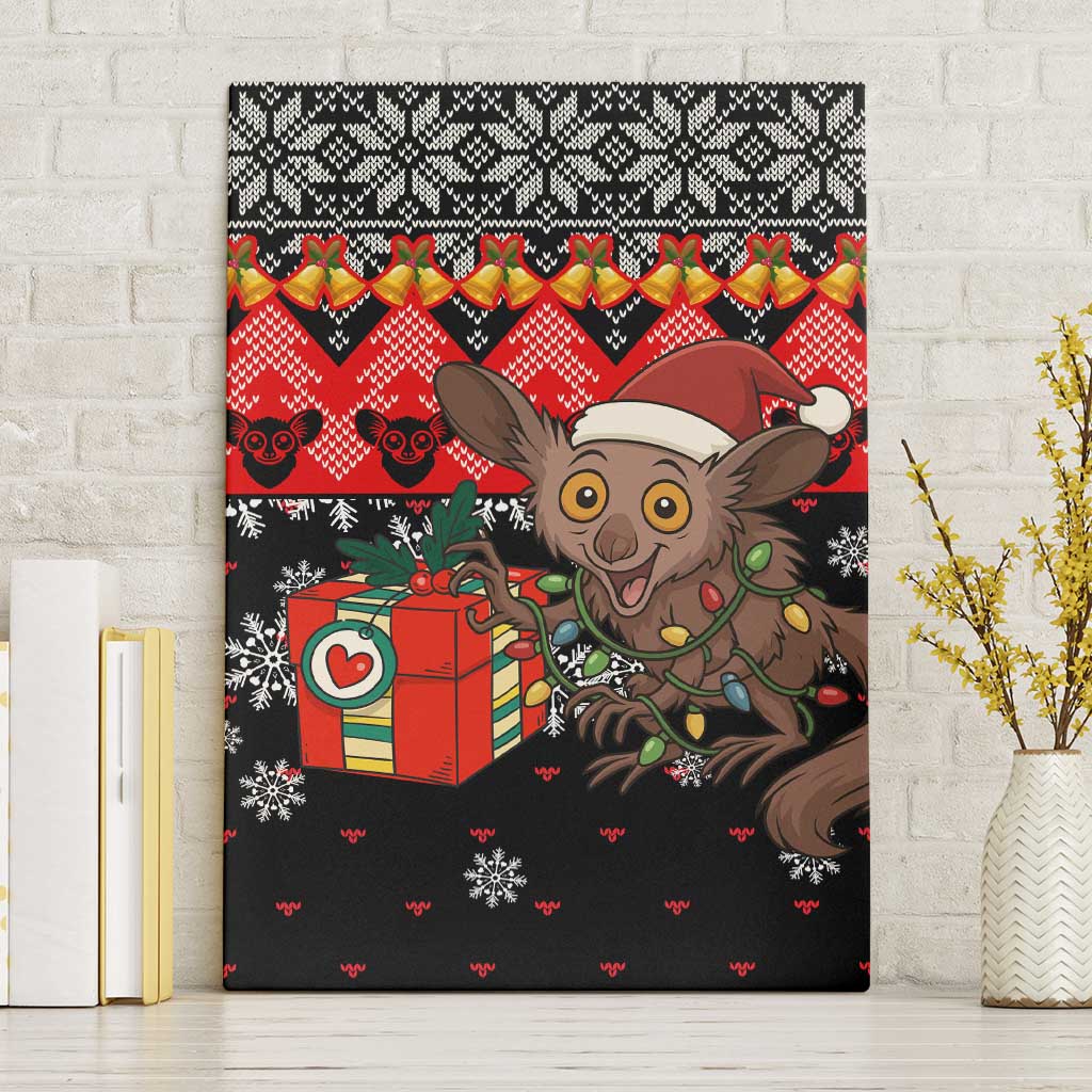 Madagascar Christmas Canvas Wall Art with Aye Aye Lemur Santa Hat Holiday Lights and Gift Box Pattern - Wonder Print Shop