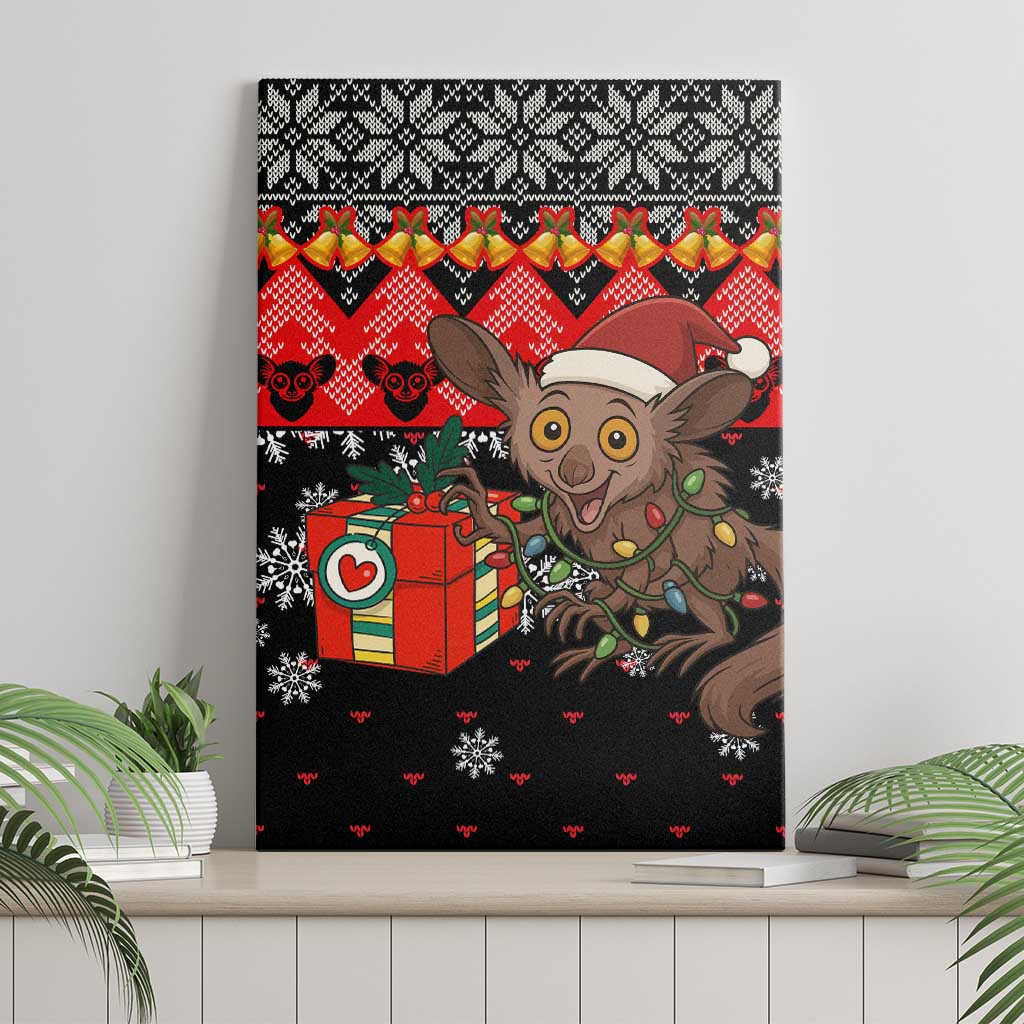 Madagascar Christmas Canvas Wall Art with Aye Aye Lemur Santa Hat Holiday Lights and Gift Box Pattern - Wonder Print Shop