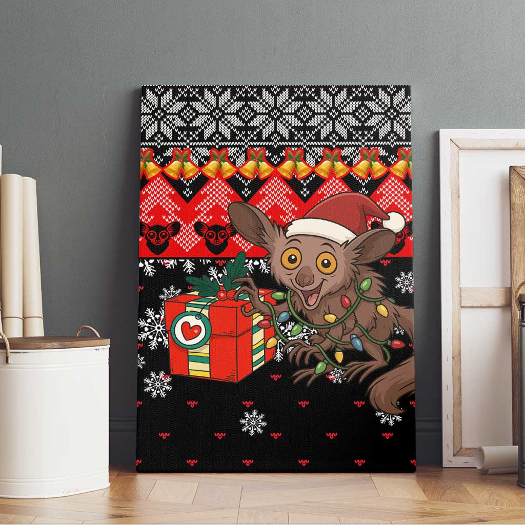 Madagascar Christmas Canvas Wall Art with Aye Aye Lemur Santa Hat Holiday Lights and Gift Box Pattern - Wonder Print Shop