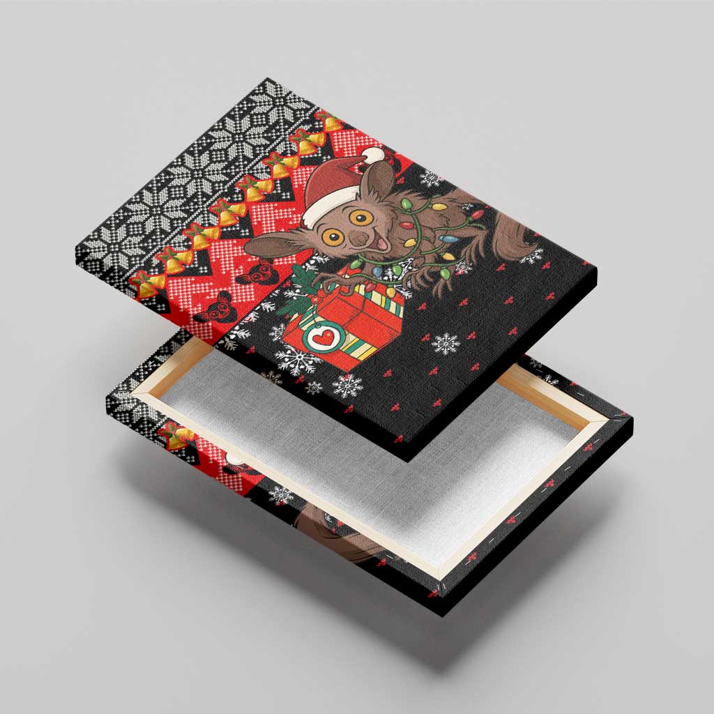 Madagascar Christmas Canvas Wall Art with Aye Aye Lemur Santa Hat Holiday Lights and Gift Box Pattern - Wonder Print Shop