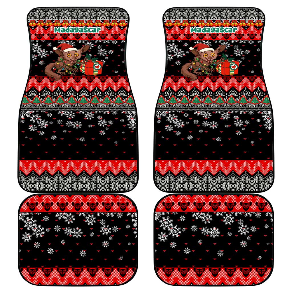 Madagascar Christmas Car Mats with Aye Aye Lemur Santa Hat Holiday Lights and Gift Box Pattern - Wonder Print Shop