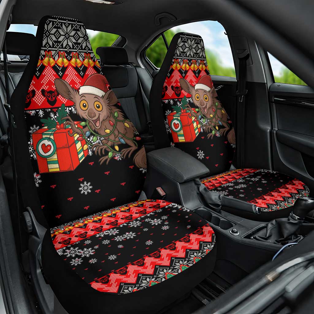 Madagascar Christmas Car Seat Cover with Aye Aye Lemur Santa Hat Holiday Lights and Gift Box Pattern - Wonder Print Shop