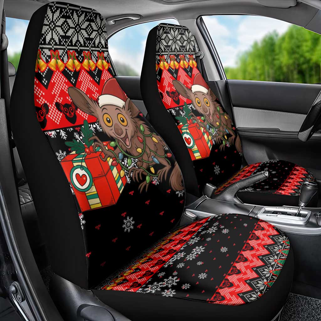 Madagascar Christmas Car Seat Cover with Aye Aye Lemur Santa Hat Holiday Lights and Gift Box Pattern - Wonder Print Shop
