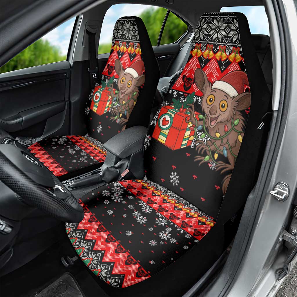 Madagascar Christmas Car Seat Cover with Aye Aye Lemur Santa Hat Holiday Lights and Gift Box Pattern - Wonder Print Shop