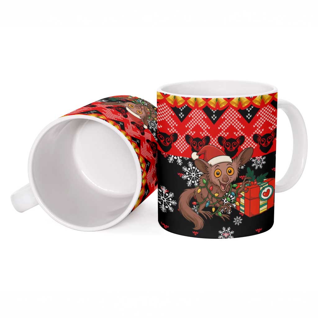 Madagascar Christmas Ceramic Mug with Aye Aye Lemur Santa Hat Holiday Lights and Gift Box Pattern - Wonder Print Shop