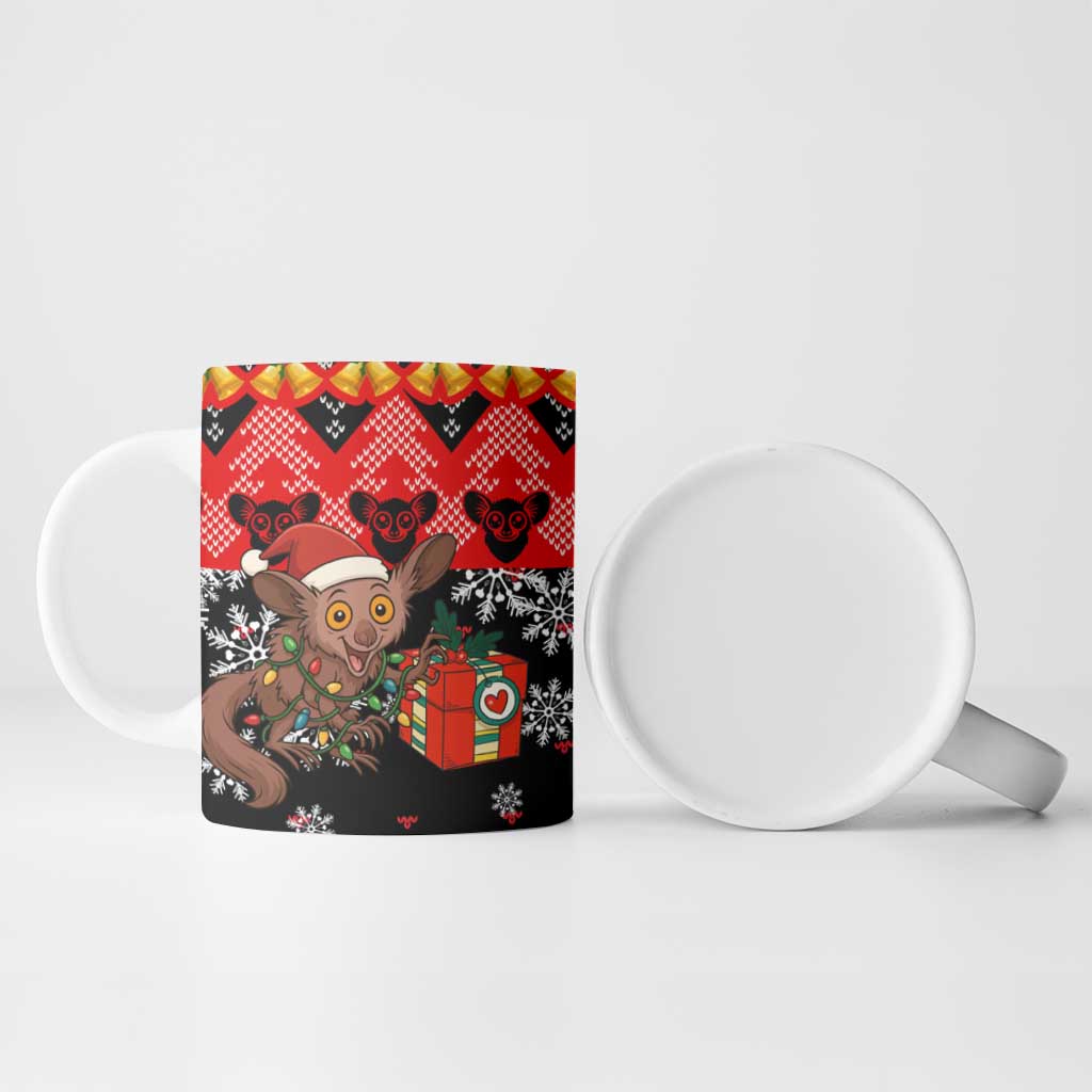 Madagascar Christmas Ceramic Mug with Aye Aye Lemur Santa Hat Holiday Lights and Gift Box Pattern - Wonder Print Shop