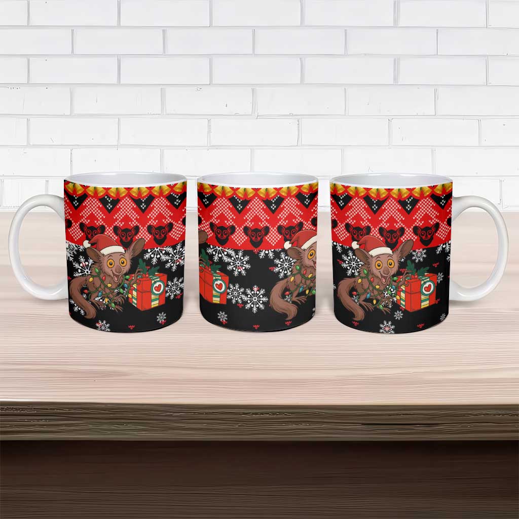 Madagascar Christmas Ceramic Mug with Aye Aye Lemur Santa Hat Holiday Lights and Gift Box Pattern - Wonder Print Shop