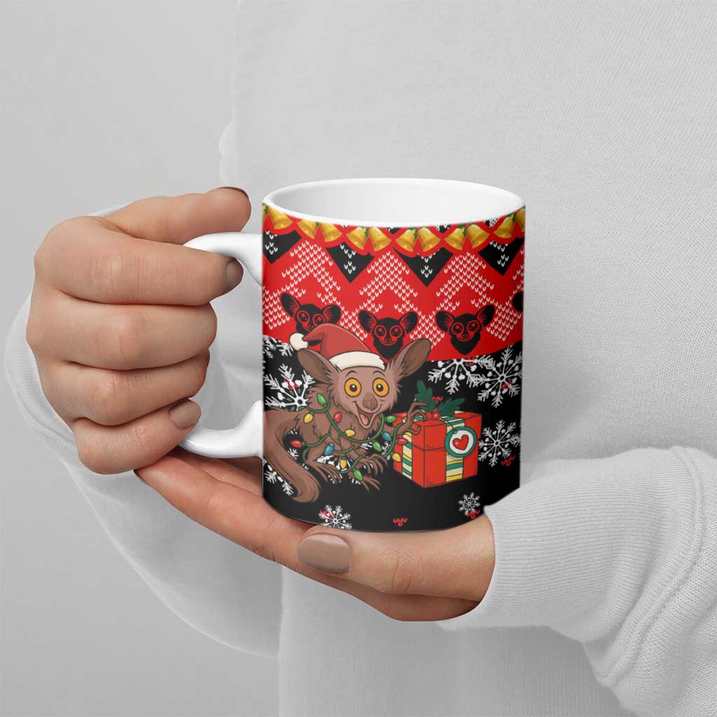 Madagascar Christmas Ceramic Mug with Aye Aye Lemur Santa Hat Holiday Lights and Gift Box Pattern - Wonder Print Shop