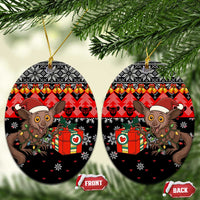 Madagascar Christmas Ceramic Ornament with Aye Aye Lemur Santa Hat Holiday Lights and Gift Box Pattern - Wonder Print Shop
