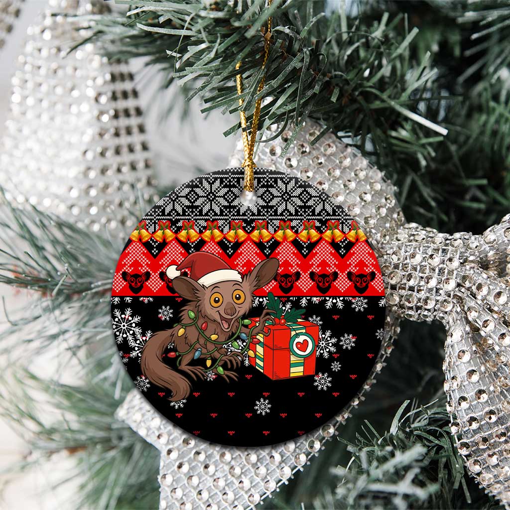 Madagascar Christmas Ceramic Ornament with Aye Aye Lemur Santa Hat Holiday Lights and Gift Box Pattern - Wonder Print Shop