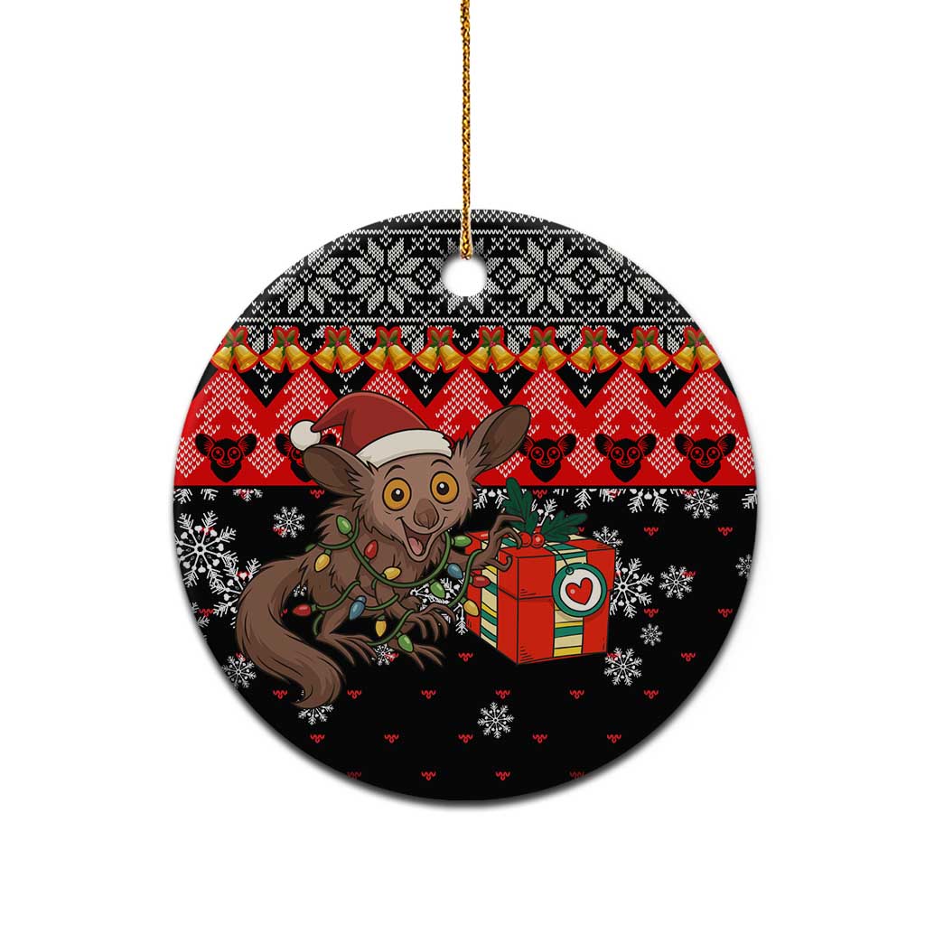 Madagascar Christmas Ceramic Ornament with Aye Aye Lemur Santa Hat Holiday Lights and Gift Box Pattern - Wonder Print Shop