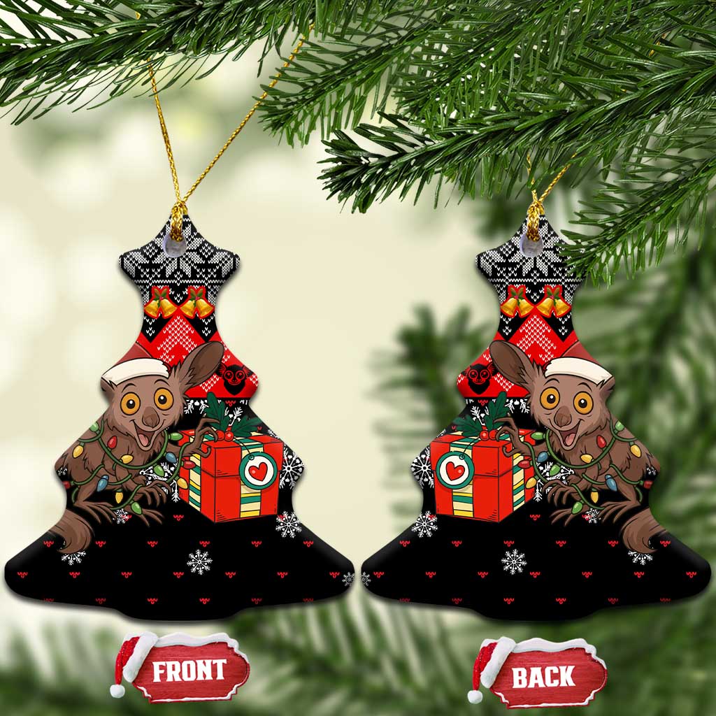 Madagascar Christmas Ceramic Ornament with Aye Aye Lemur Santa Hat Holiday Lights and Gift Box Pattern - Wonder Print Shop