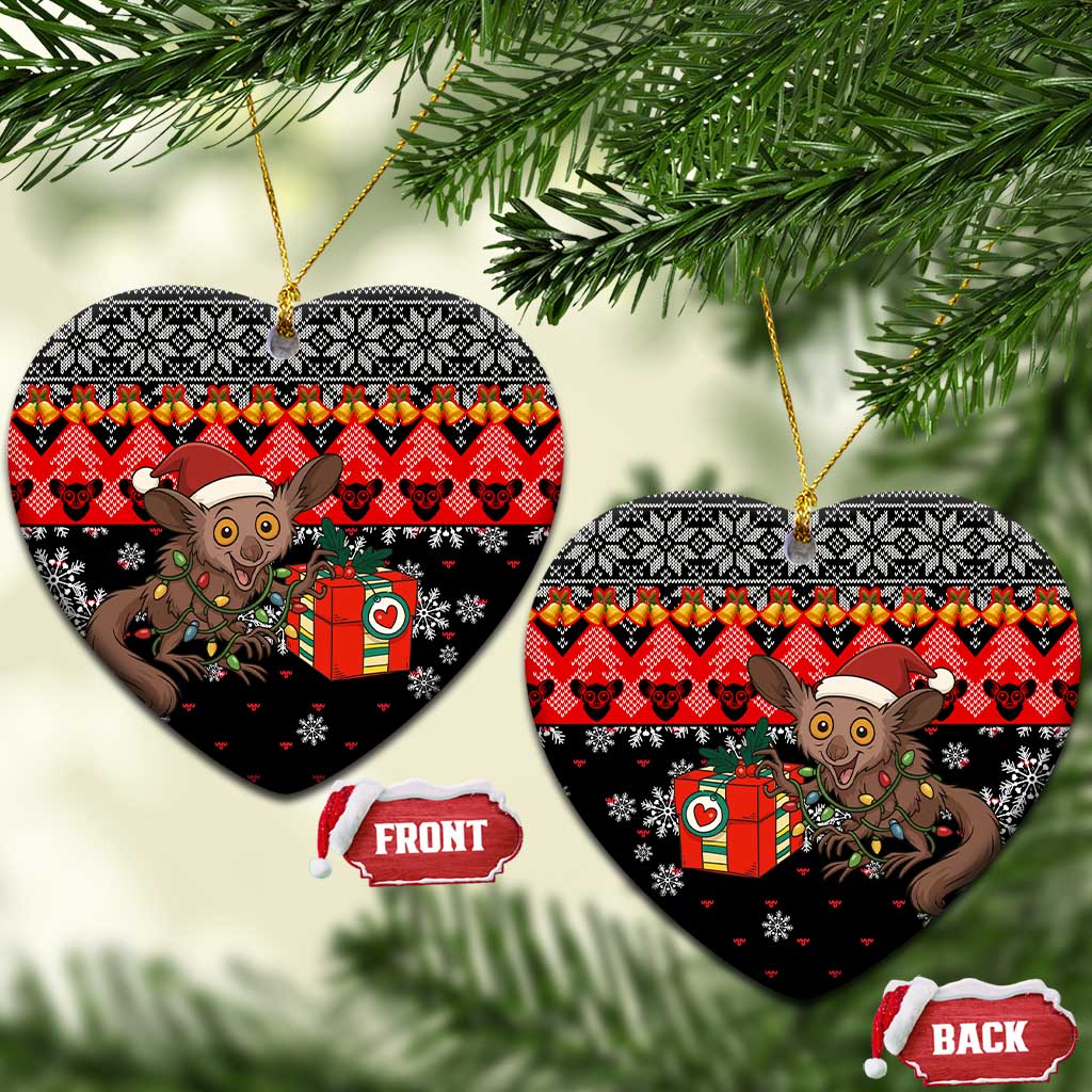 Madagascar Christmas Ceramic Ornament with Aye Aye Lemur Santa Hat Holiday Lights and Gift Box Pattern - Wonder Print Shop