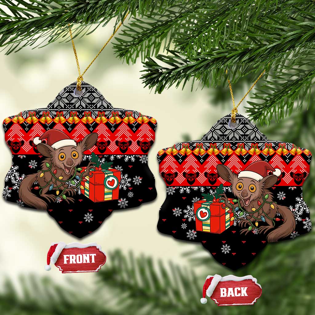 Madagascar Christmas Ceramic Ornament with Aye Aye Lemur Santa Hat Holiday Lights and Gift Box Pattern - Wonder Print Shop