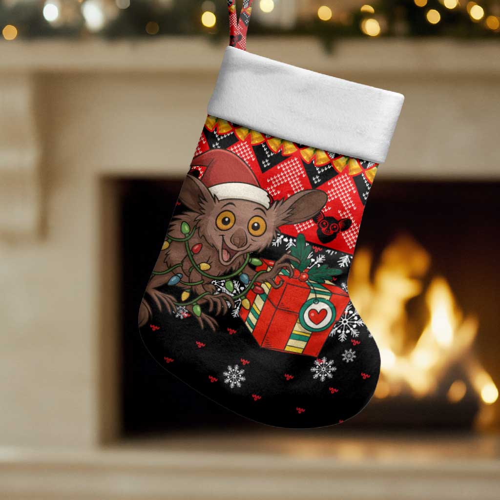 Madagascar Christmas Stocking with Aye Aye Lemur Santa Hat Holiday Lights and Gift Box Pattern - Wonder Print Shop