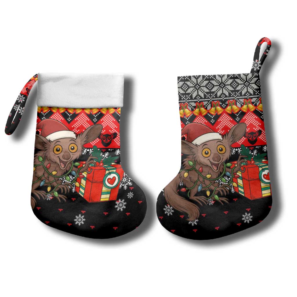Madagascar Christmas Stocking with Aye Aye Lemur Santa Hat Holiday Lights and Gift Box Pattern - Wonder Print Shop