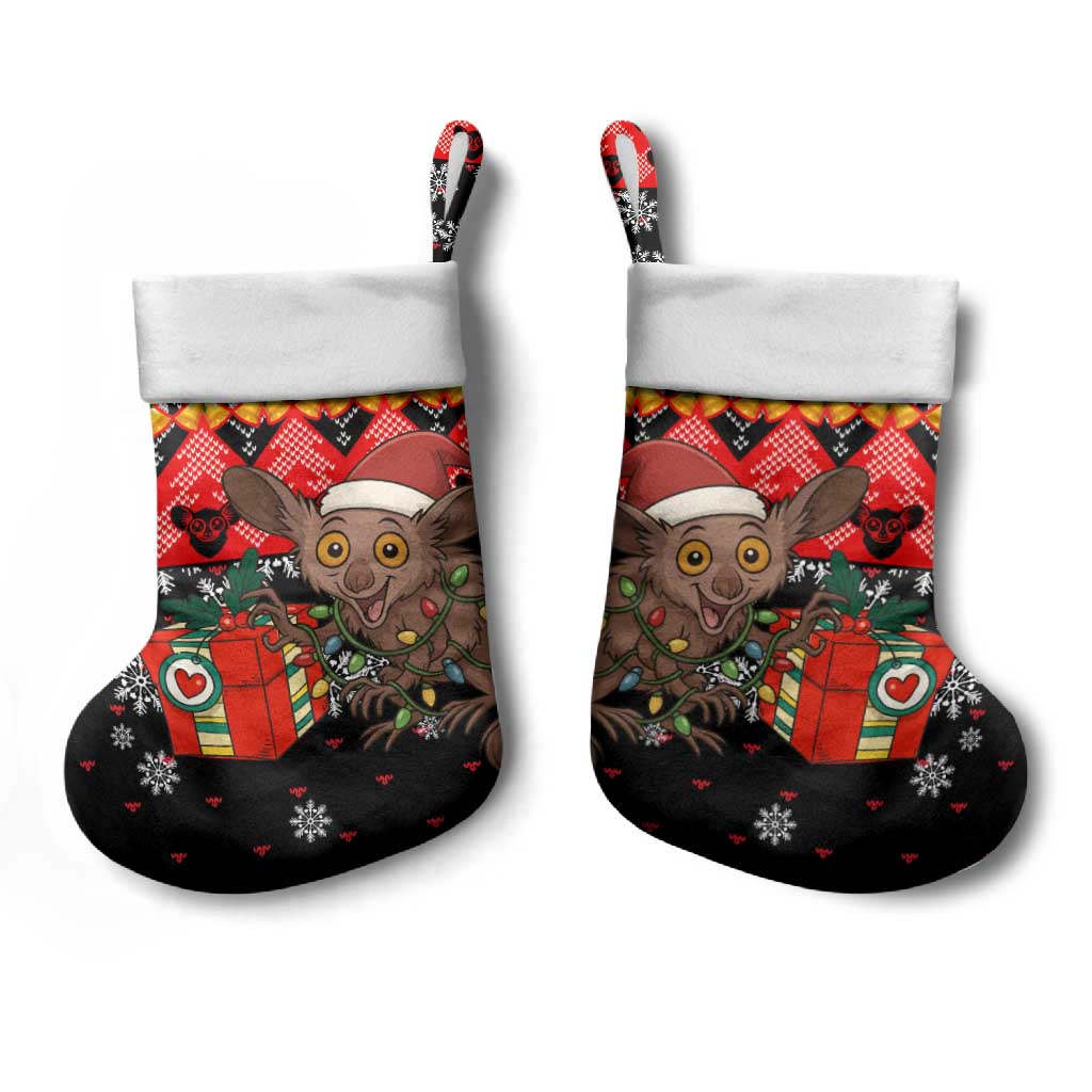 Madagascar Christmas Stocking with Aye Aye Lemur Santa Hat Holiday Lights and Gift Box Pattern - Wonder Print Shop