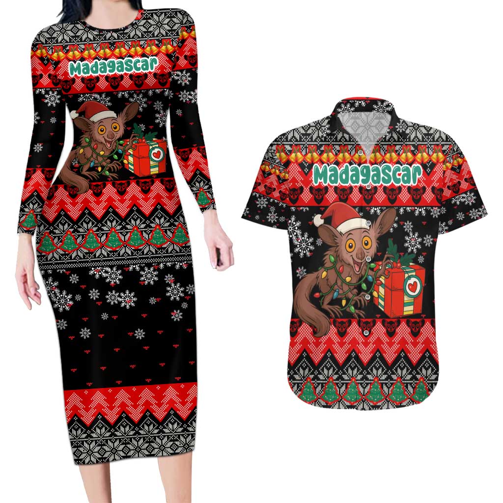 Madagascar Christmas Couples Matching Long Sleeve Bodycon Dress and Hawaiian Shirt with Aye Aye Lemur Santa Hat Holiday Lights and Gift Box Pattern - Wonder Print Shop