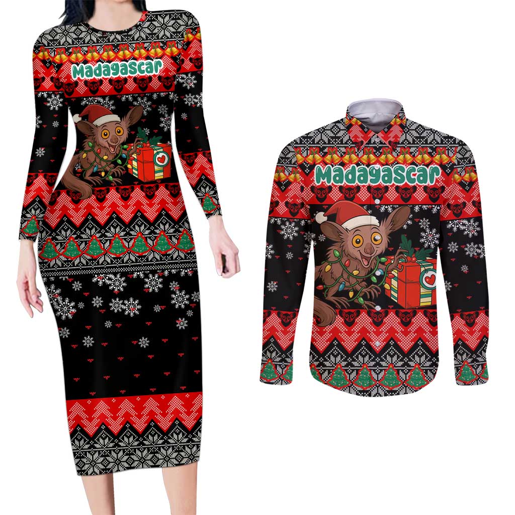 Madagascar Christmas Couples Matching Long Sleeve Bodycon Dress and Long Sleeve Button Shirt with Aye Aye Lemur Santa Hat Holiday Lights and Gift Box Pattern - Wonder Print Shop
