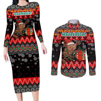 Madagascar Christmas Couples Matching Long Sleeve Bodycon Dress and Long Sleeve Button Shirt with Aye Aye Lemur Santa Hat Holiday Lights and Gift Box Pattern - Wonder Print Shop