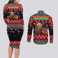 Madagascar Christmas Couples Matching Long Sleeve Bodycon Dress and Long Sleeve Button Shirt with Aye Aye Lemur Santa Hat Holiday Lights and Gift Box Pattern - Wonder Print Shop