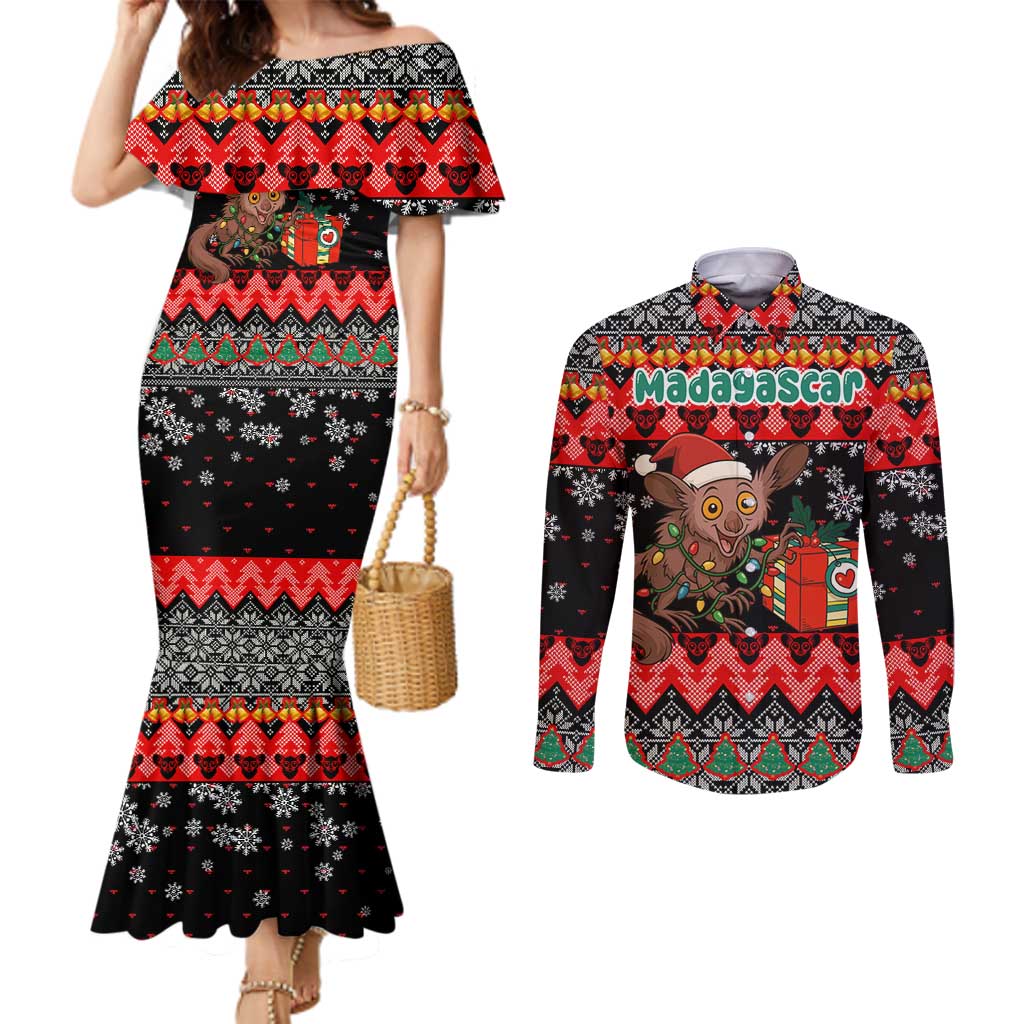 Madagascar Christmas Couples Matching Mermaid Dress and Long Sleeve Button Shirt with Aye Aye Lemur Santa Hat Holiday Lights and Gift Box Pattern - Wonder Print Shop