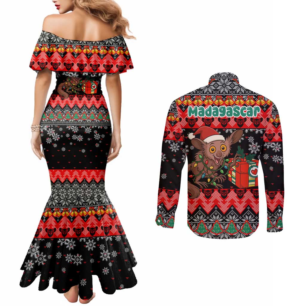 Madagascar Christmas Couples Matching Mermaid Dress and Long Sleeve Button Shirt with Aye Aye Lemur Santa Hat Holiday Lights and Gift Box Pattern - Wonder Print Shop