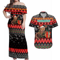 Madagascar Christmas Couples Matching Off Shoulder Maxi Dress and Hawaiian Shirt with Aye Aye Lemur Santa Hat Holiday Lights and Gift Box Pattern - Wonder Print Shop