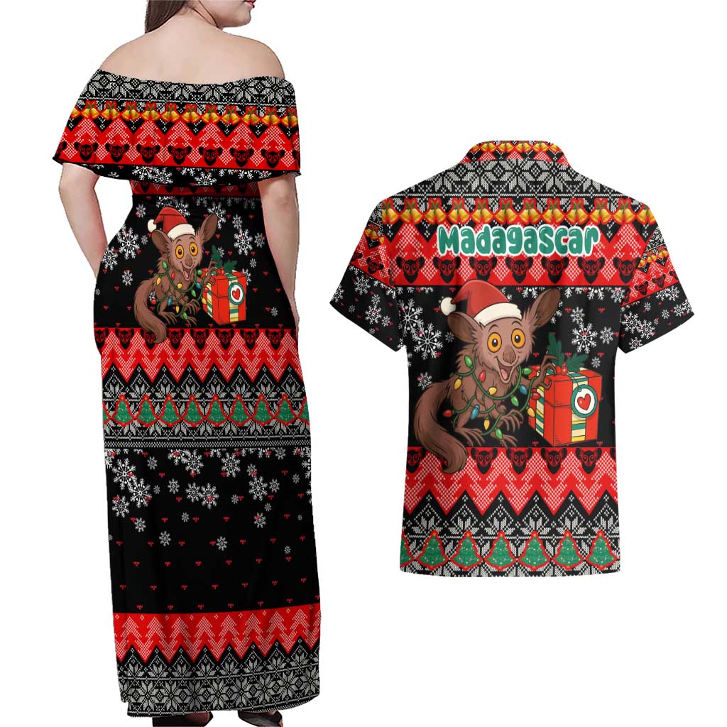 Madagascar Christmas Couples Matching Off Shoulder Maxi Dress and Hawaiian Shirt with Aye Aye Lemur Santa Hat Holiday Lights and Gift Box Pattern - Wonder Print Shop