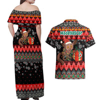 Madagascar Christmas Couples Matching Off Shoulder Maxi Dress and Hawaiian Shirt with Aye Aye Lemur Santa Hat Holiday Lights and Gift Box Pattern - Wonder Print Shop
