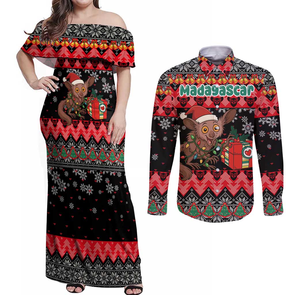 Madagascar Christmas Couples Matching Off Shoulder Maxi Dress and Long Sleeve Button Shirt with Aye Aye Lemur Santa Hat Holiday Lights and Gift Box Pattern - Wonder Print Shop