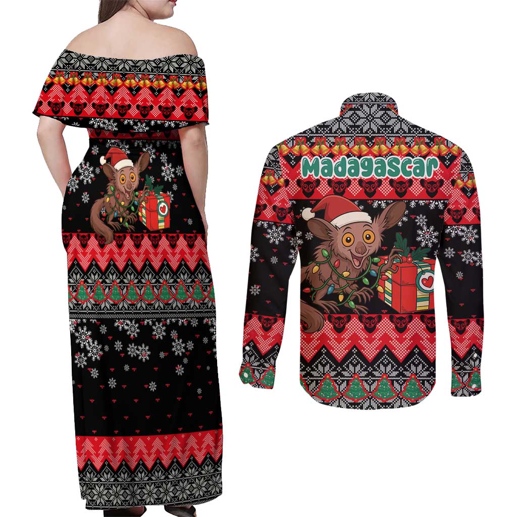 Madagascar Christmas Couples Matching Off Shoulder Maxi Dress and Long Sleeve Button Shirt with Aye Aye Lemur Santa Hat Holiday Lights and Gift Box Pattern - Wonder Print Shop