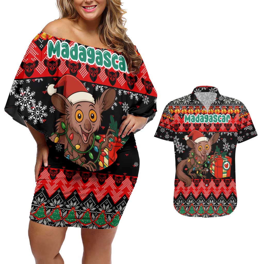 Madagascar Christmas Couples Matching Off Shoulder Short Dress and Hawaiian Shirt with Aye Aye Lemur Santa Hat Holiday Lights and Gift Box Pattern - Wonder Print Shop