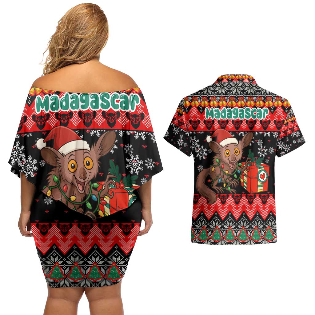 Madagascar Christmas Couples Matching Off Shoulder Short Dress and Hawaiian Shirt with Aye Aye Lemur Santa Hat Holiday Lights and Gift Box Pattern - Wonder Print Shop