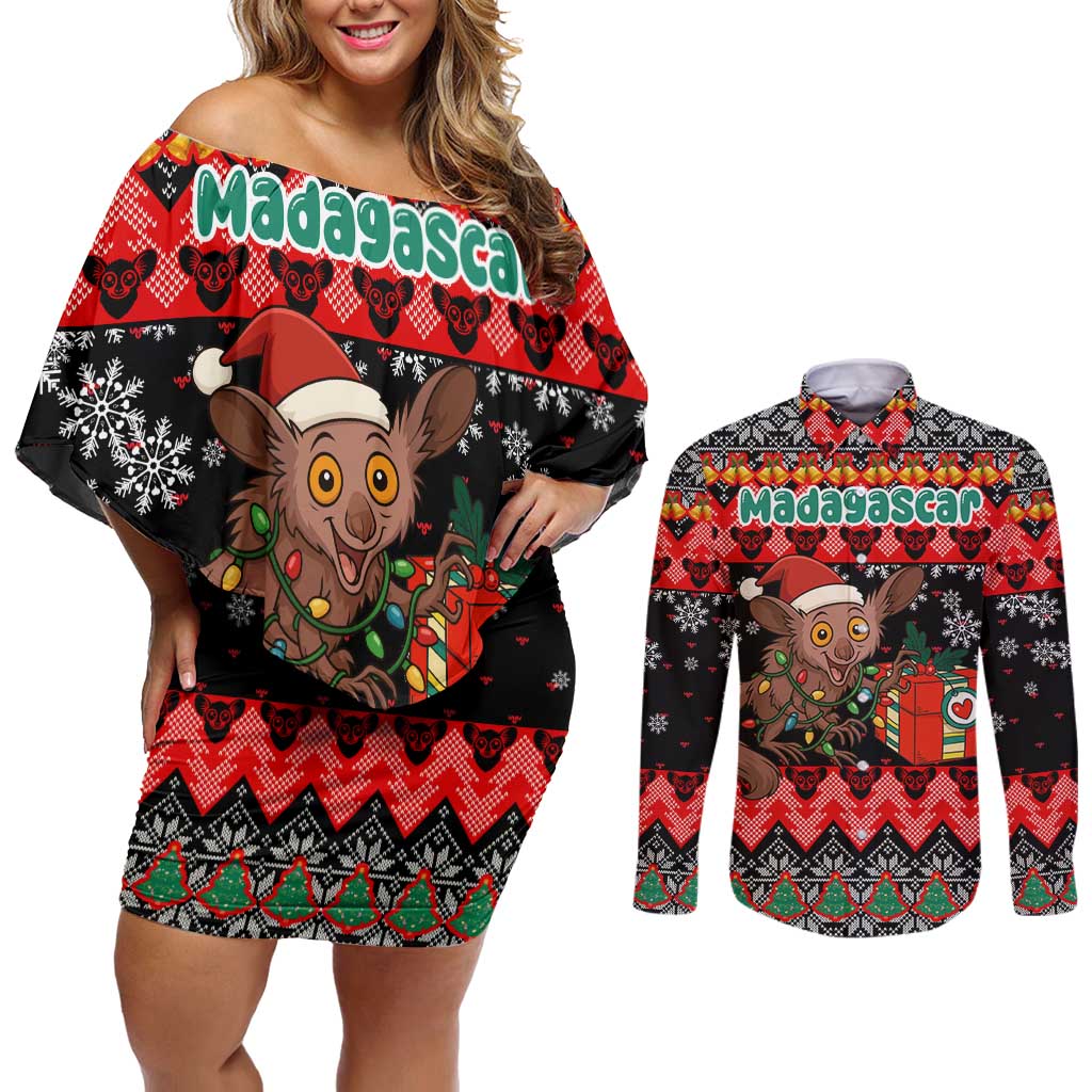 Madagascar Christmas Couples Matching Off Shoulder Short Dress and Long Sleeve Button Shirt with Aye Aye Lemur Santa Hat Holiday Lights and Gift Box Pattern - Wonder Print Shop