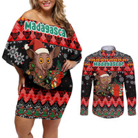 Madagascar Christmas Couples Matching Off Shoulder Short Dress and Long Sleeve Button Shirt with Aye Aye Lemur Santa Hat Holiday Lights and Gift Box Pattern - Wonder Print Shop