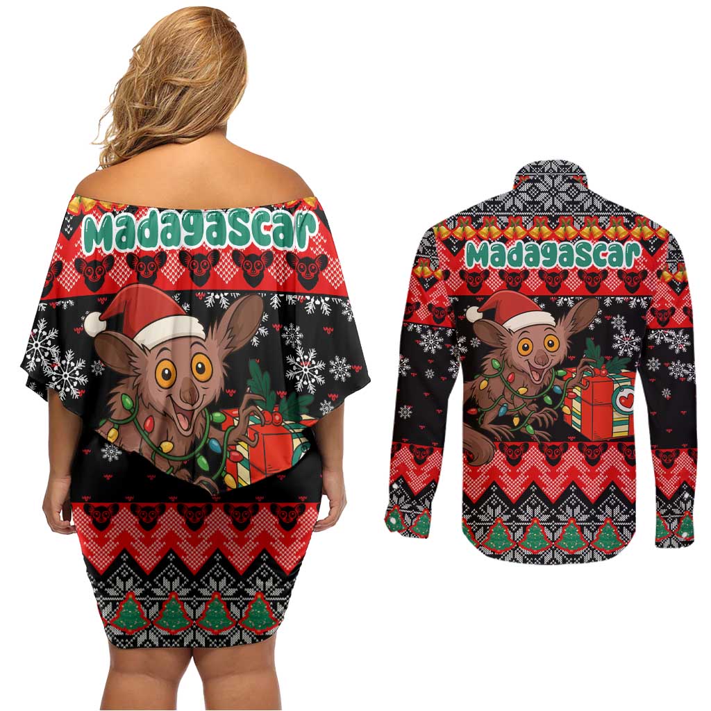 Madagascar Christmas Couples Matching Off Shoulder Short Dress and Long Sleeve Button Shirt with Aye Aye Lemur Santa Hat Holiday Lights and Gift Box Pattern - Wonder Print Shop