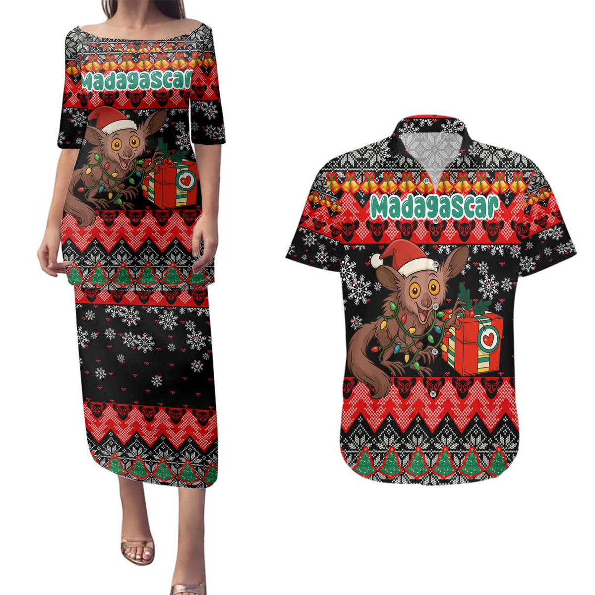 Madagascar Christmas Couples Matching Puletasi and Hawaiian Shirt with Aye Aye Lemur Santa Hat Holiday Lights and Gift Box Pattern - Wonder Print Shop
