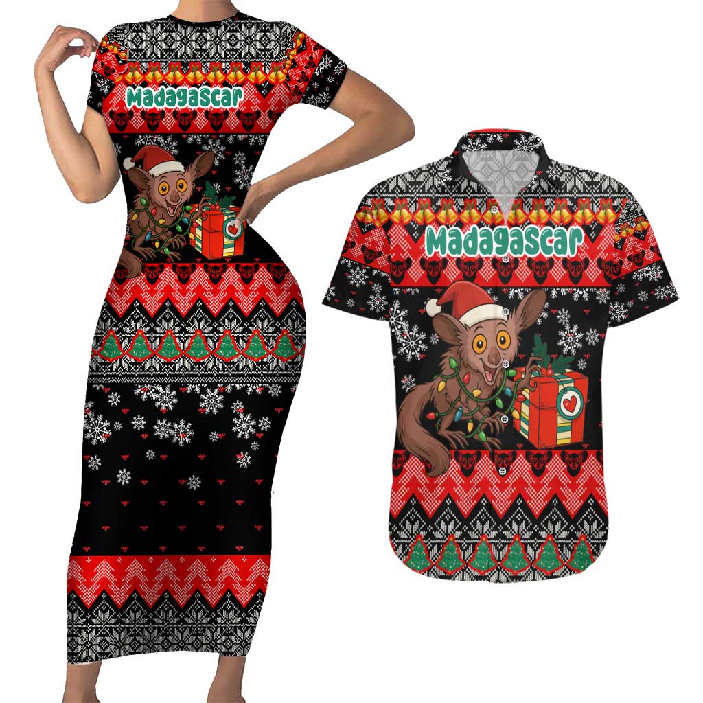 Madagascar Christmas Couples Matching Short Sleeve Bodycon Dress and Hawaiian Shirt with Aye Aye Lemur Santa Hat Holiday Lights and Gift Box Pattern - Wonder Print Shop