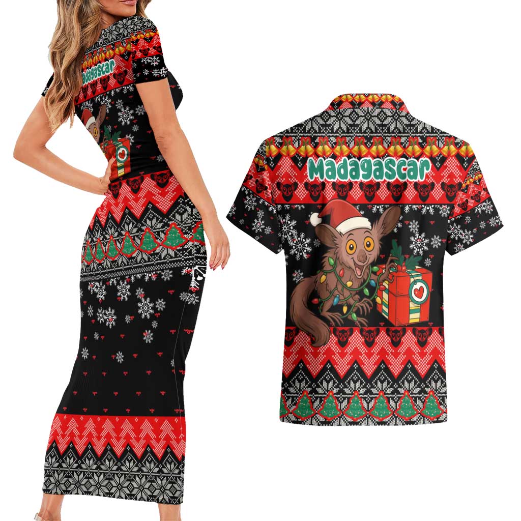 Madagascar Christmas Couples Matching Short Sleeve Bodycon Dress and Hawaiian Shirt with Aye Aye Lemur Santa Hat Holiday Lights and Gift Box Pattern - Wonder Print Shop