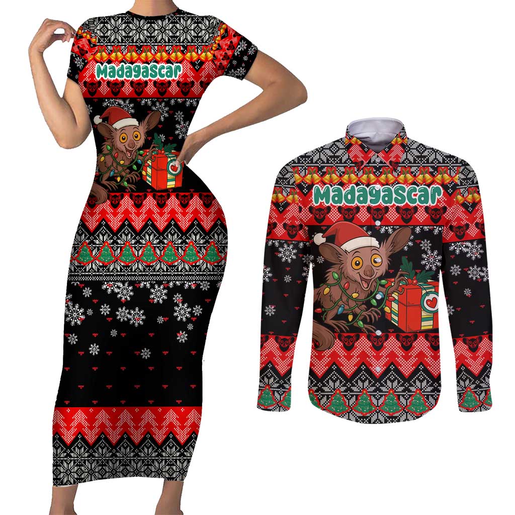 Madagascar Christmas Couples Matching Short Sleeve Bodycon Dress and Long Sleeve Button Shirt with Aye Aye Lemur Santa Hat Holiday Lights and Gift Box Pattern - Wonder Print Shop