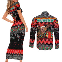 Madagascar Christmas Couples Matching Short Sleeve Bodycon Dress and Long Sleeve Button Shirt with Aye Aye Lemur Santa Hat Holiday Lights and Gift Box Pattern - Wonder Print Shop