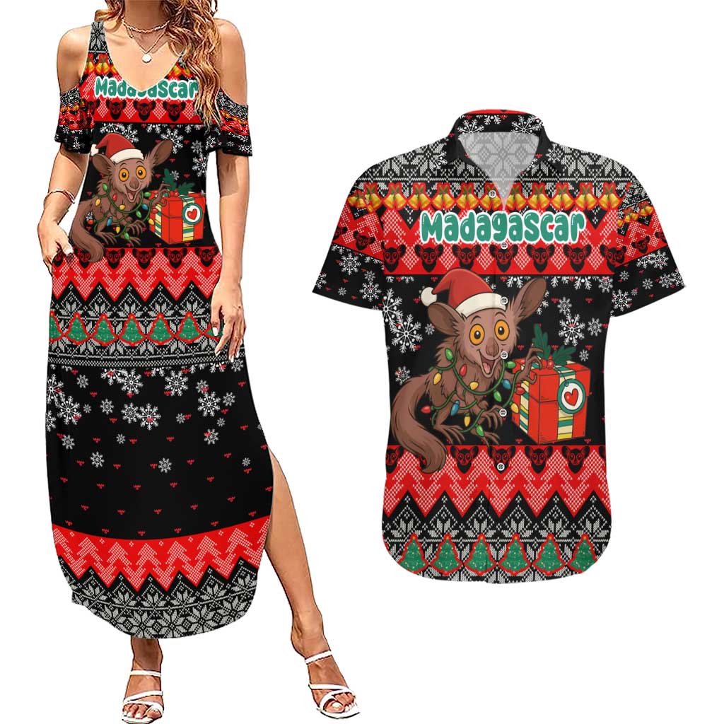 Madagascar Christmas Couples Matching Summer Maxi Dress and Hawaiian Shirt with Aye Aye Lemur Santa Hat Holiday Lights and Gift Box Pattern - Wonder Print Shop