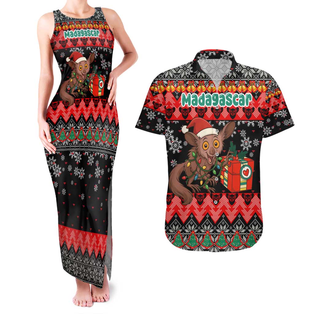 Madagascar Christmas Couples Matching Tank Maxi Dress and Hawaiian Shirt with Aye Aye Lemur Santa Hat Holiday Lights and Gift Box Pattern - Wonder Print Shop