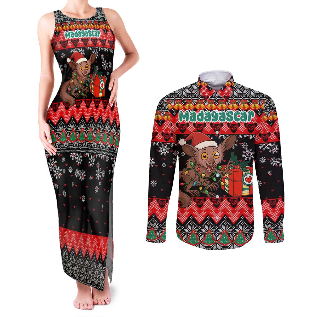 Madagascar Christmas Couples Matching Tank Maxi Dress and Long Sleeve Button Shirt with Aye Aye Lemur Santa Hat Holiday Lights and Gift Box Pattern - Wonder Print Shop