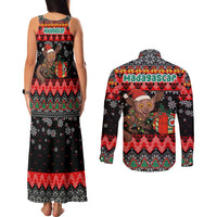 Madagascar Christmas Couples Matching Tank Maxi Dress and Long Sleeve Button Shirt with Aye Aye Lemur Santa Hat Holiday Lights and Gift Box Pattern - Wonder Print Shop