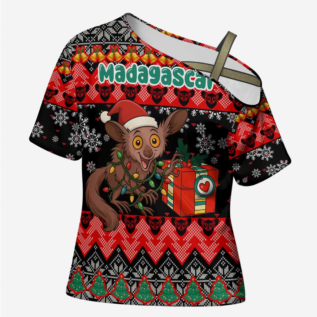 Madagascar Christmas Cross Shoulder Shirt with Aye Aye Lemur Santa Hat Holiday Lights and Gift Box Pattern - Wonder Print Shop