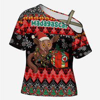 Madagascar Christmas Cross Shoulder Shirt with Aye Aye Lemur Santa Hat Holiday Lights and Gift Box Pattern - Wonder Print Shop