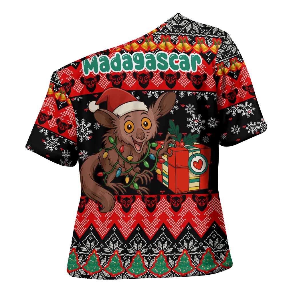 Madagascar Christmas Cross Shoulder Shirt with Aye Aye Lemur Santa Hat Holiday Lights and Gift Box Pattern - Wonder Print Shop